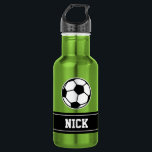 Personalized name soccer sports water bottle<br><div class="desc">Personalized monogram gift soccer sports water bottle. Green Stainles steel metallic color. Sporty gift idea for coach, players, team mates and sports fans. Modern typography design with custom name, funny quote, slogan or monogram. Create your own unique monogrammed drink bottle. Suitable for men women and kids / children. Cute Birthday...</div>