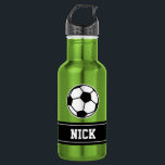 Personalized name soccer sports water bottle<br><div class="desc">Personalized monogram gift soccer sports water bottle. Green Stainles steel metallic color. Sporty gift idea for coach, players, team mates and sports fans. Modern typography design with custom name, funny quote, slogan or monogram. Create your own unique monogrammed drink bottle. Suitable for men women and kids / children. Cute Birthday...</div>