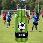 Personalized name soccer sports water bottle<br><div class="desc">Personalized monogram gift soccer sports water bottle. Green Stainles steel metallic color. Sporty gift idea for coach, players, team mates and sports fans. Modern typography design with custom name, funny quote, slogan or monogram. Create your own unique monogrammed drink bottle. Suitable for men women and kids / children. Cute Birthday...</div>