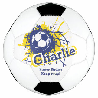 Personalized name soccer strike goal blue graphic soccer ball