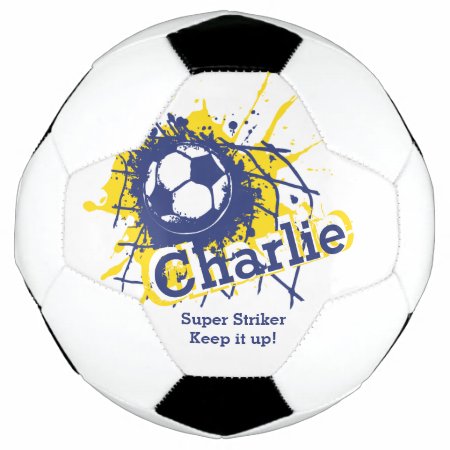 Personalized Name Soccer Strike Goal Blue Graphic Soccer Ball