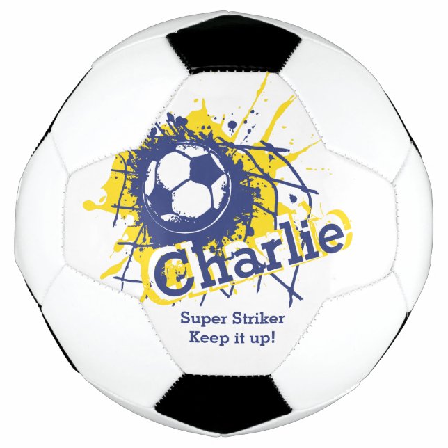 Personalized name soccer strike goal blue graphic soccer ball (Front)