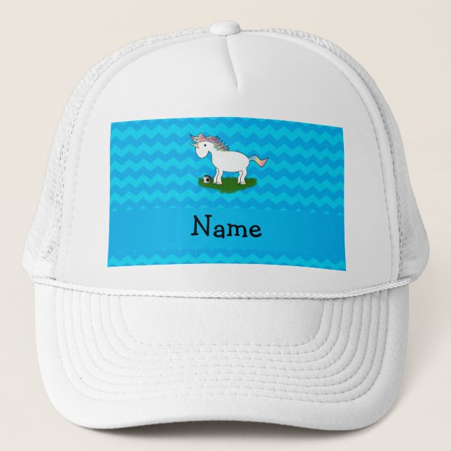 Personalized name soccer unicorn blue chevrons trucker hat (Front)