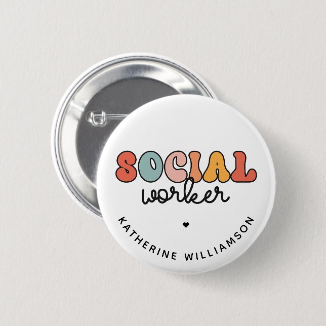 Personalized Name Social Worker Retro Button (Front & Back)