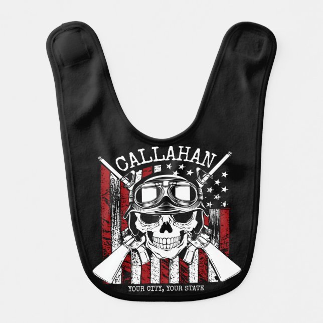Personalized NAME Soldier Skull Dual Guns USA Flag Baby Bib (Front)