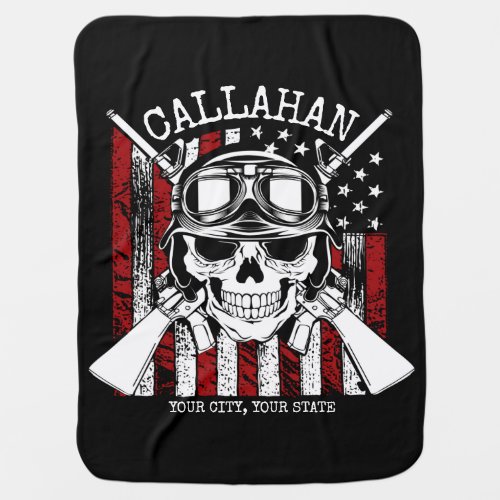 Personalized NAME Soldier Skull Dual Guns USA Flag Baby Blanket