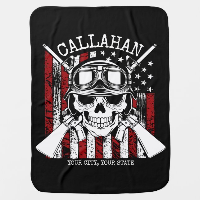 Personalized NAME Soldier Skull Dual Guns USA Flag Baby Blanket (Front)