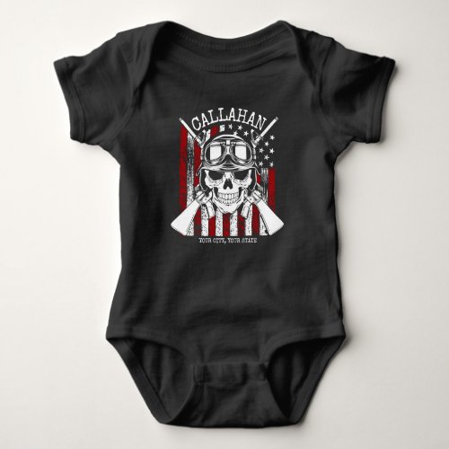 Personalized NAME Soldier Skull Dual Guns USA Flag Baby Bodysuit