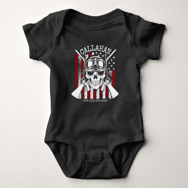 Personalized NAME Soldier Skull Dual Guns USA Flag Baby Bodysuit (Front)