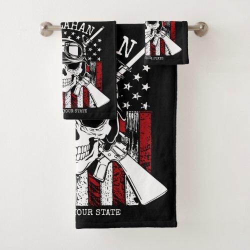 Personalized NAME Soldier Skull Dual Guns USA Flag Bath Towel Set