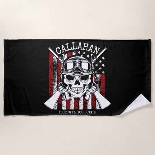 Personalized NAME Soldier Skull Dual Guns USA Flag Beach Towel
