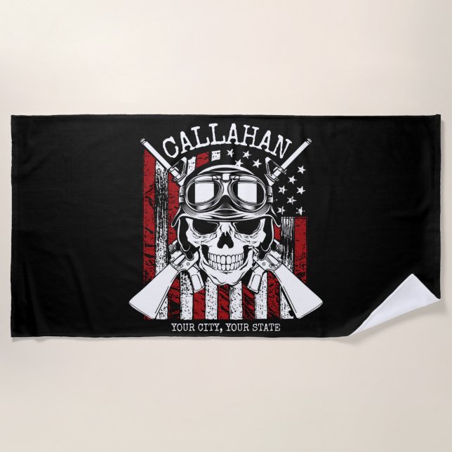 Personalized NAME Soldier Skull Dual Guns USA Flag Beach Towel (Front)
