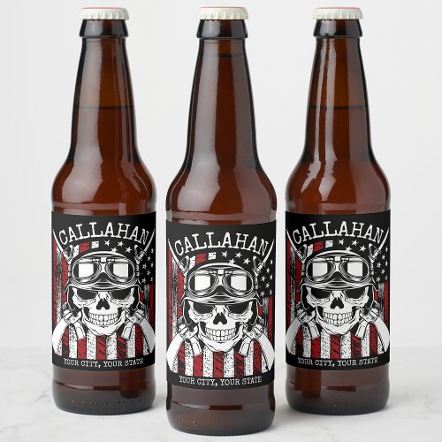 Personalized NAME Soldier Skull Dual Guns USA Flag Beer Bottle Label