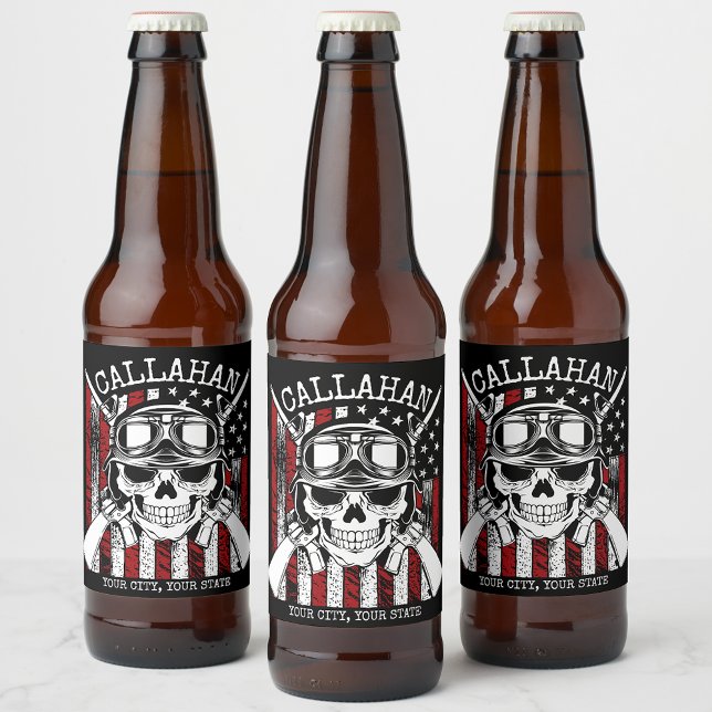 Personalized NAME Soldier Skull Dual Guns USA Flag Beer Bottle Label (Creator Uploaded)