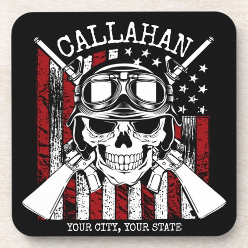 Personalized NAME Soldier Skull Dual Guns USA Flag Beverage Coaster