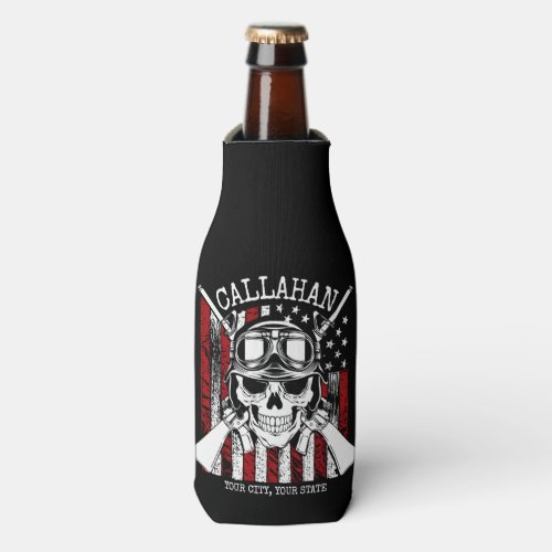 Personalized NAME Soldier Skull Dual Guns USA Flag Bottle Cooler