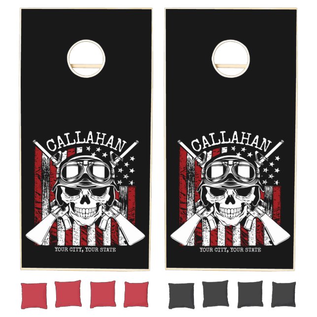 Personalized NAME Soldier Skull Dual Guns USA Flag Cornhole Set (Set)