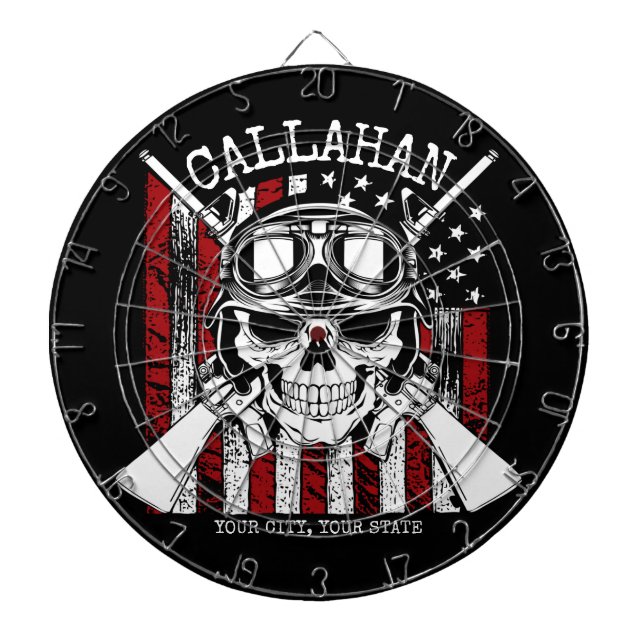 Personalized NAME Soldier Skull Dual Guns USA Flag Dart Board (Front)