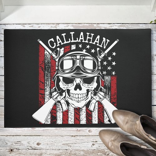 Personalized NAME Soldier Skull Dual Guns USA Flag Doormat
