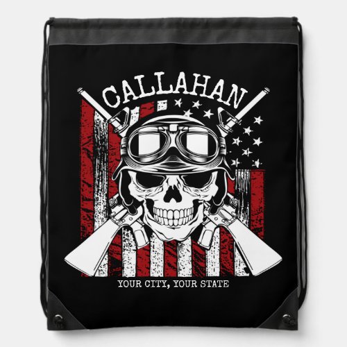 Personalized NAME Soldier Skull Dual Guns USA Flag Drawstring Bag