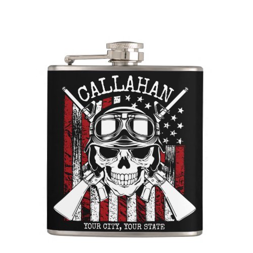 Personalized NAME Soldier Skull Dual Guns USA Flag Flask