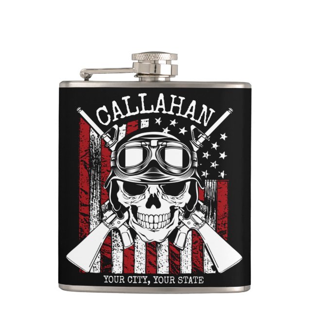 Personalized NAME Soldier Skull Dual Guns USA Flag Flask (Front)