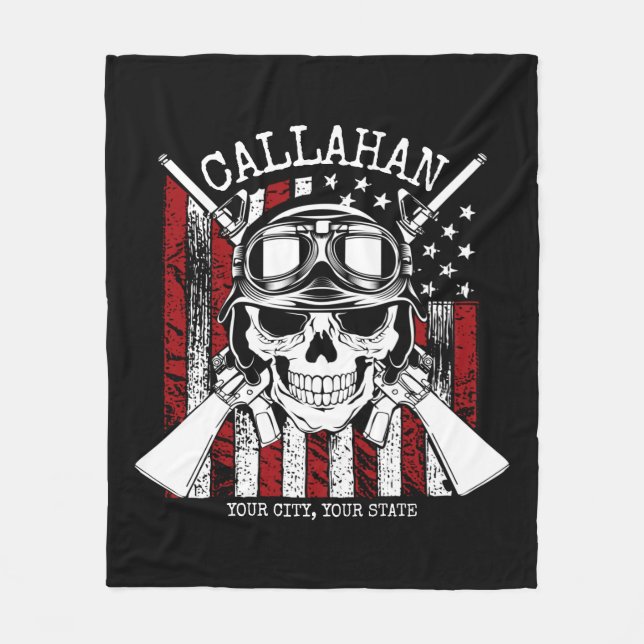 Personalized NAME Soldier Skull Dual Guns USA Flag Fleece Blanket (Front)