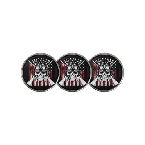 Personalized NAME Soldier Skull Dual Guns USA Flag Golf Ball Marker