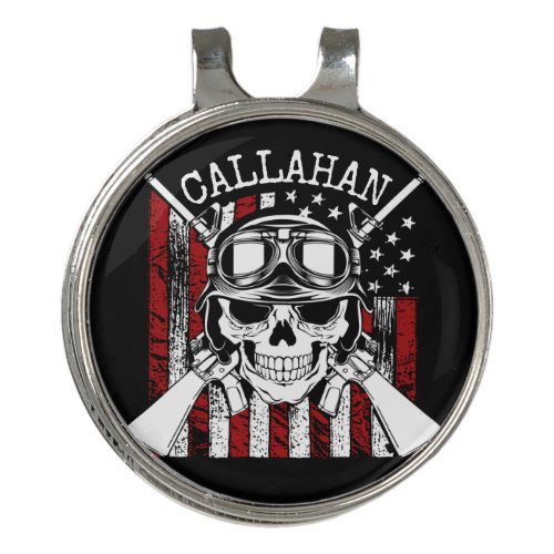 Personalized NAME Soldier Skull Dual Guns USA Flag Golf Hat Clip