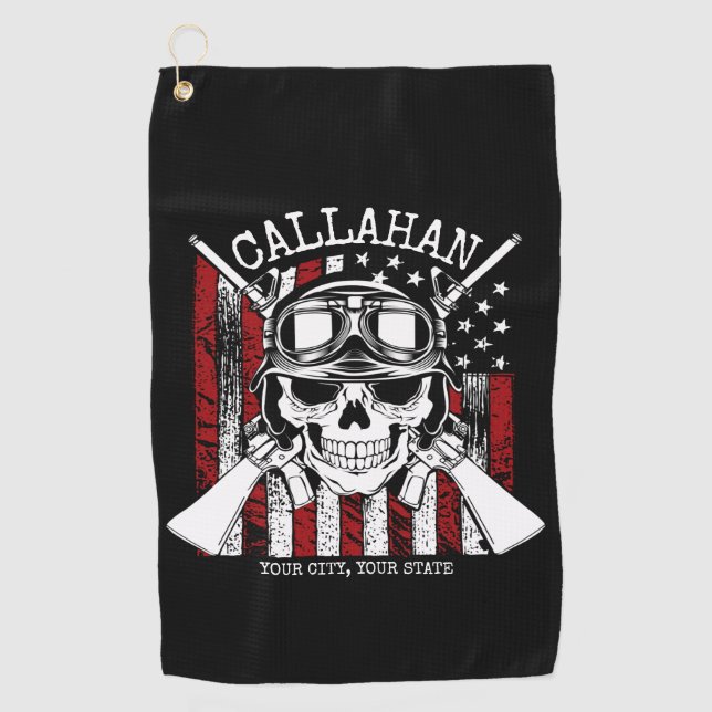 Personalized NAME Soldier Skull Dual Guns USA Flag Golf Towel (Front)