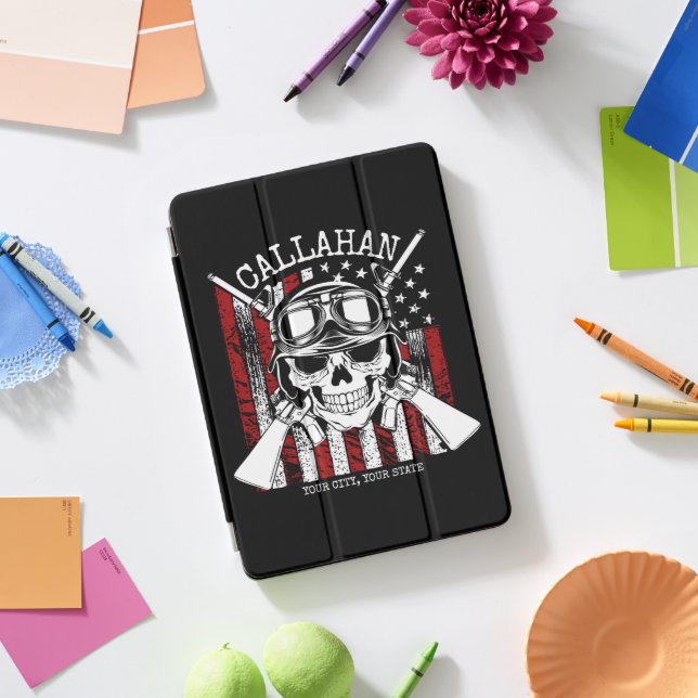 Personalized NAME Soldier Skull Dual Guns USA Flag iPad Pro Cover (Desk)