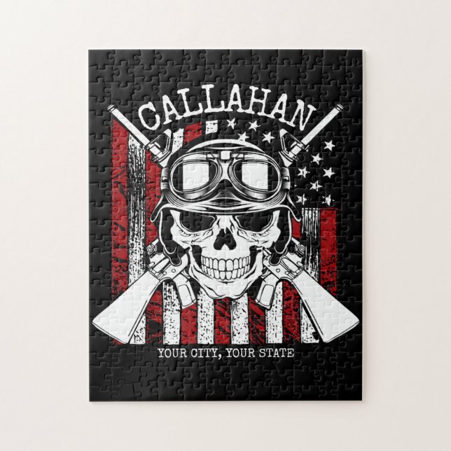 Personalized NAME Soldier Skull Dual Guns USA Flag Jigsaw Puzzle (Vertical)