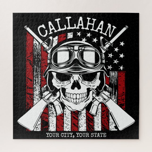 Personalized NAME Soldier Skull Dual Guns USA Flag Jigsaw Puzzle (Vertical)