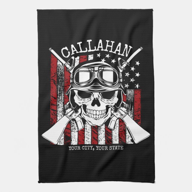 Personalized NAME Soldier Skull Dual Guns USA Flag Kitchen Towel (Vertical)
