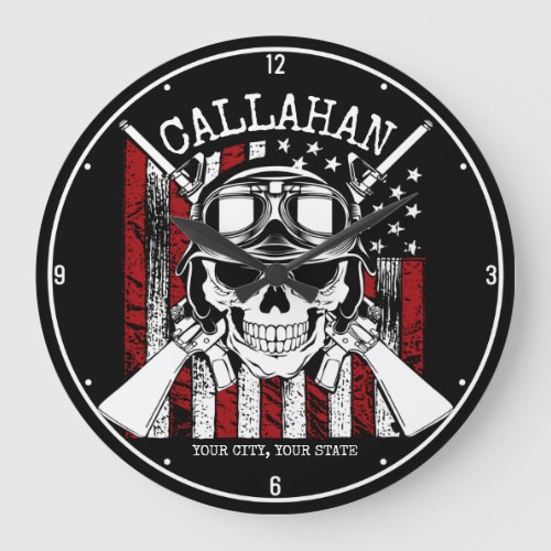 Personalized NAME Soldier Skull Dual Guns USA Flag Large Clock