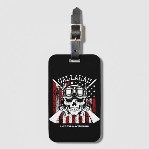 Personalized NAME Soldier Skull Dual Guns USA Flag Luggage Tag