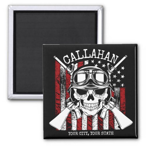 Personalized NAME Soldier Skull Dual Guns USA Flag Magnet
