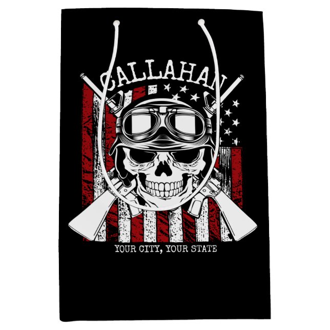 Personalized NAME Soldier Skull Dual Guns USA Flag Medium Gift Bag (Front)
