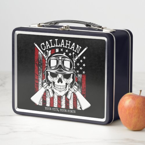Personalized NAME Soldier Skull Dual Guns USA Flag Metal Lunch Box
