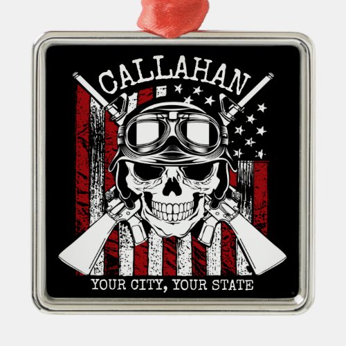 Personalized NAME Soldier Skull Dual Guns USA Flag Metal Ornament