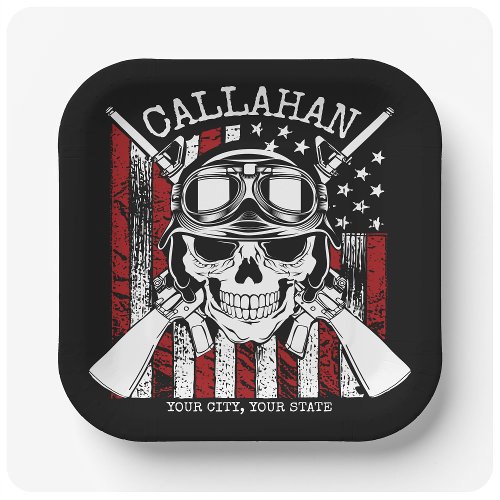 Personalized NAME Soldier Skull Dual Guns USA Flag Paper Plates