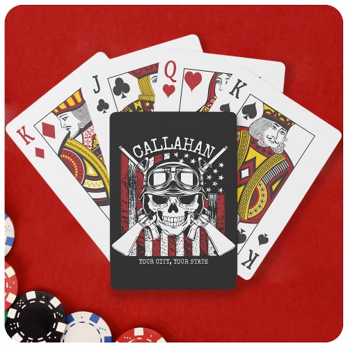 Personalized NAME Soldier Skull Dual Guns USA Flag Playing Cards