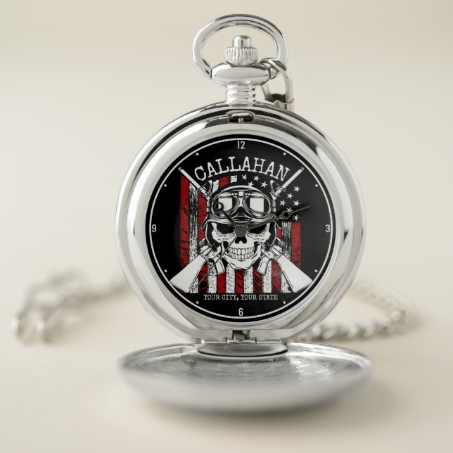 Personalized NAME Soldier Skull Dual Guns USA Flag Pocket Watch (Inside)