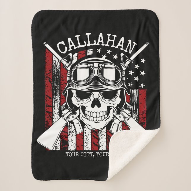 Personalized NAME Soldier Skull Dual Guns USA Flag Sherpa Blanket (Front)