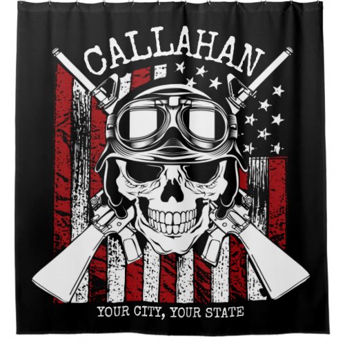 Personalized NAME Soldier Skull Dual Guns USA Flag Shower Curtain