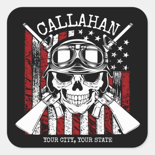 Personalized NAME Soldier Skull Dual Guns USA Flag Square Sticker