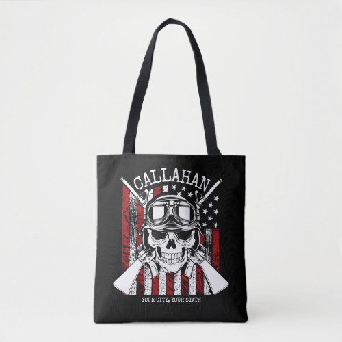Personalized NAME Soldier Skull Dual Guns USA Flag Tote Bag