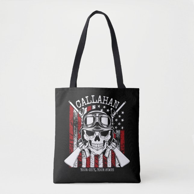 Personalized NAME Soldier Skull Dual Guns USA Flag Tote Bag (Front)
