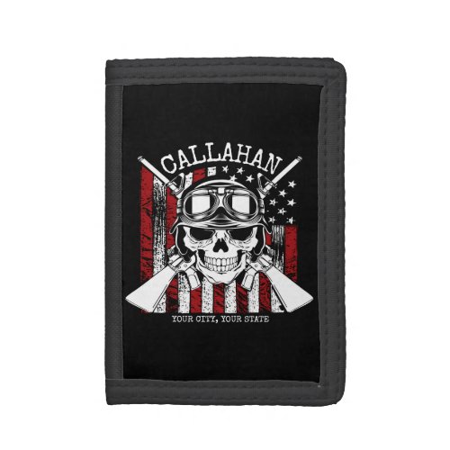 Personalized NAME Soldier Skull Dual Guns USA Flag Trifold Wallet