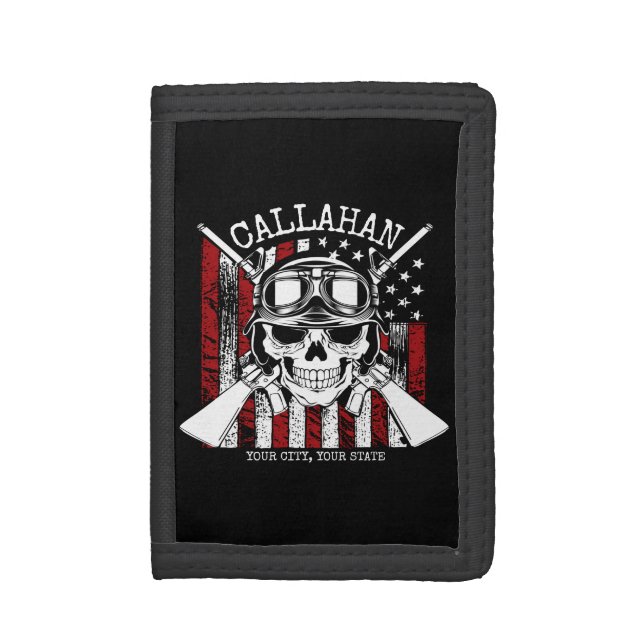 Personalized NAME Soldier Skull Dual Guns USA Flag Trifold Wallet (Front Vertical)